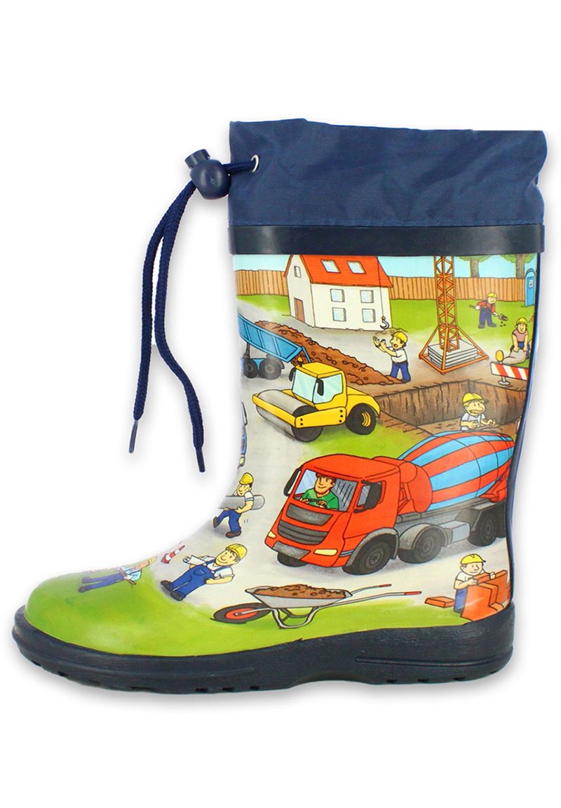 Botte de pluie en caoutchouc avec un col à cordon bleu. Présente des illustrations colorées de scènes de construction, y compris des camions et des ouvriers. Base verte.