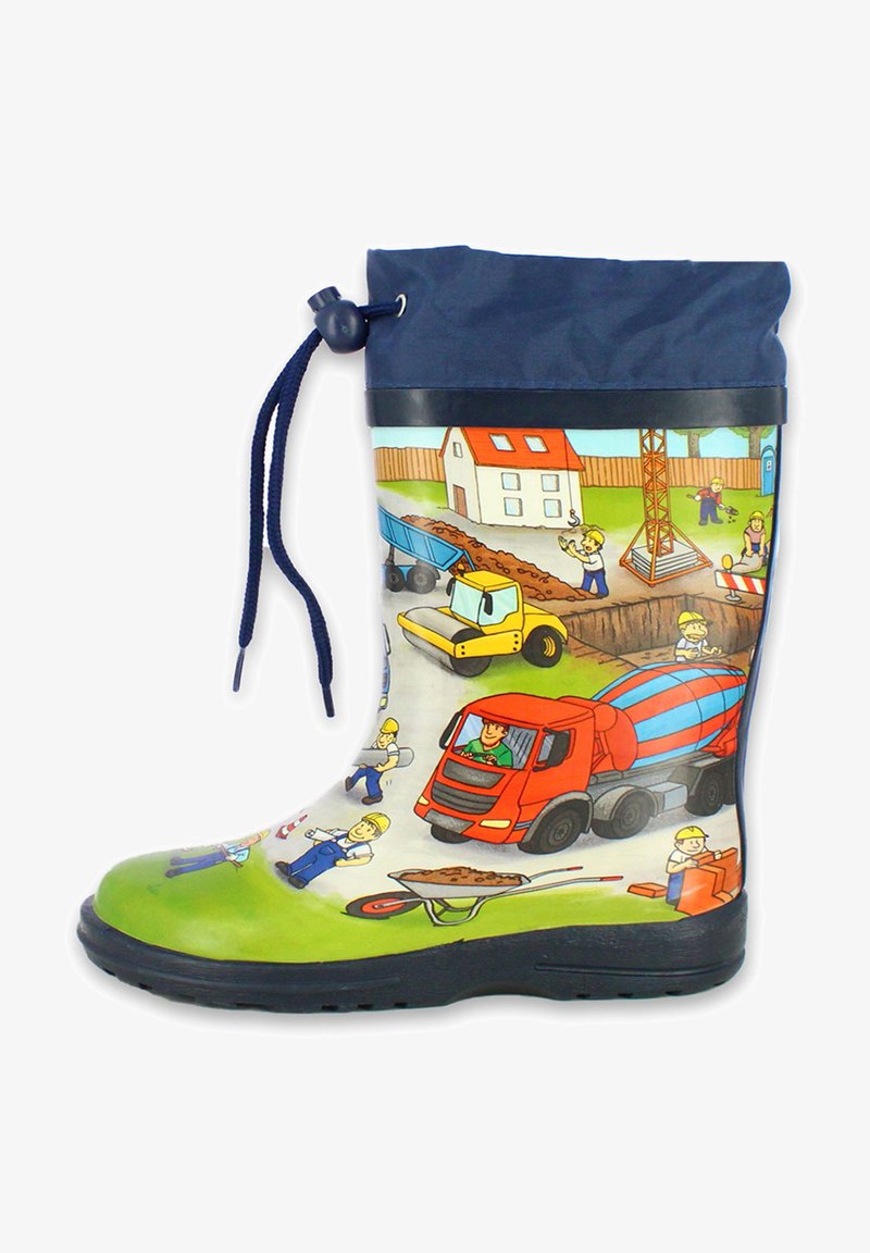 Botte de pluie en caoutchouc avec un col à cordon bleu. Présente des illustrations colorées de scènes de construction, y compris des camions et des ouvriers. Base verte.
