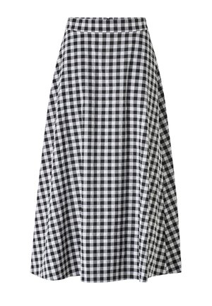 Black and white gingham A-line midi skirt with rear zipper and waistband, featuring a checkered pattern.