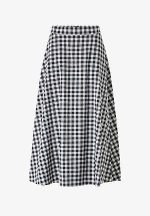 Black and white gingham A-line midi skirt with rear zipper and waistband, featuring a checkered pattern.