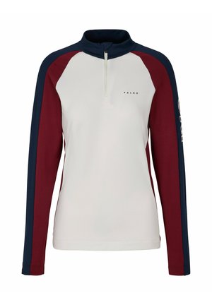 Half-Zip-Pullover in Hellgrau mit burgunderroten und marineblauen Raglanärmeln. Glatte Textur mit einem dezenten Logo auf der Brust.