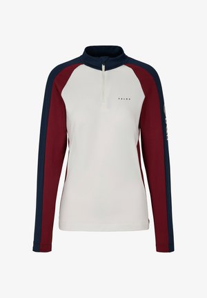 Half-Zip-Pullover in Hellgrau mit burgunderroten und marineblauen Raglanärmeln. Glatte Textur mit einem dezenten Logo auf der Brust.