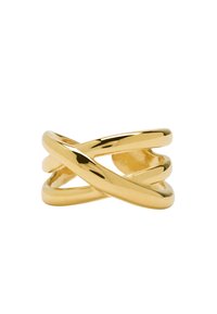 Pierścionek w kolorze złotym o splątanym wzorze, z gładkimi, polerowanymi powierzchniami i lekko zaokrąglonym kształtem. Bez dodatkowych ozdób.