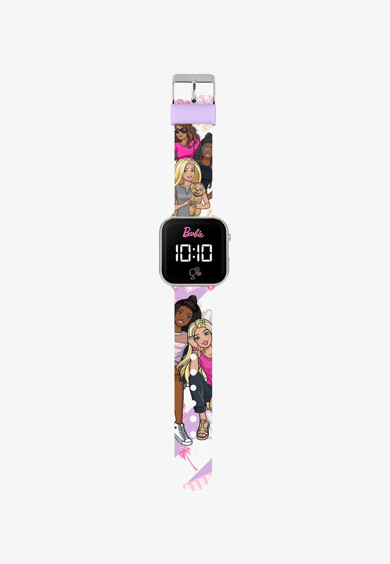 Orologio digitale con quadrante quadrato nero, cinturino illustrato colorato con personaggi, accenti rosa e lavanda, e hardware argentato.