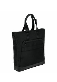 Bolso tote negro hecho de tela texturizada, con dos asas robustas, un bolsillo frontal con cremallera y un panel inferior reforzado.