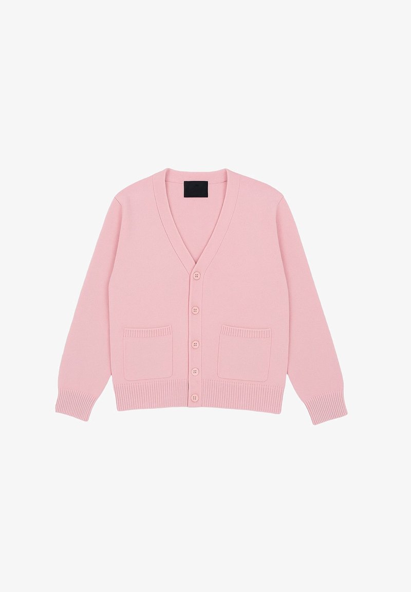 Cardigan rosa a maglia con scollo a V, cinque bottoni sul davanti, due tasche frontali e polsini e orlo a coste.