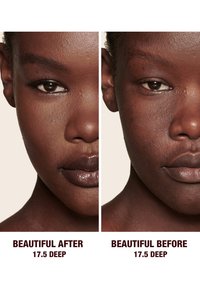 Linke Seite zeigt eine Nahaufnahme eines dunkelhäutigen Gesichts mit glattem, ebenmäßigem Make-up; rechte Seite zeigt dasselbe Gesicht ohne Make-up, natürliche Hautstruktur sichtbar.