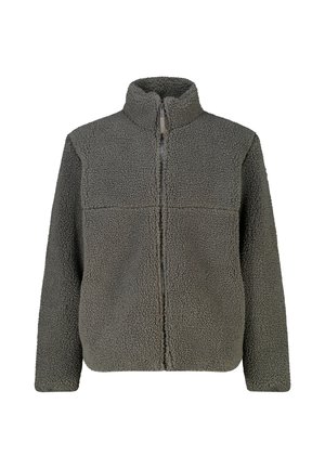 Donkergrijze fleecejas met volledige ritssluiting, hoge kraag en lange mouwen, gemaakt van gestructureerde, zachte en dikke warme stof.