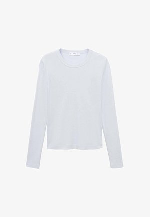 Cămașă albastru deschis cu mânecă lungă, confecționată dintr-un material moale, cu guler rotund și croială lejeră, având cusături minime și fără embellishments vizibile.