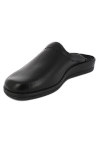 Zwarte leren instapschoen met een ronde neus en een gladde textuur, voorzien van minimale stiksels en een lage profielzool.