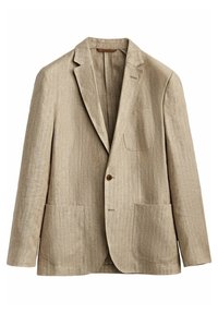 Beżowa lniana marynarka z wycięciem na klapę, pojedynczym brązowym guzikiem, dwoma przednimi kieszeniami i kieszenią na piersi. Teksturowana tkanina z subtelnymi paskami.