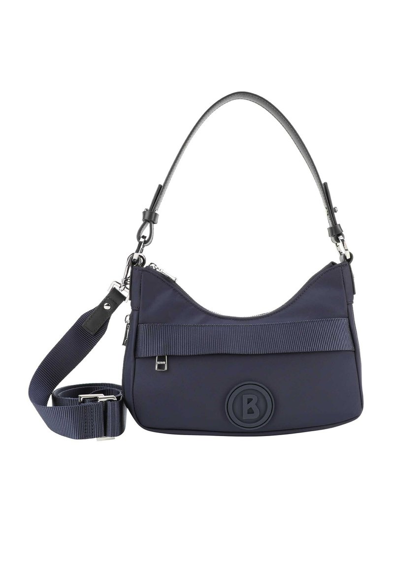 Borsa a spalla in nylon blu navy con parte superiore curvata, fascia nera texturizzata, tracolla regolabile e logo circolare in rilievo sul fronte. Dettagli in hardware argentato.