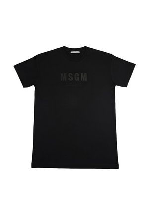T-shirt nera a maniche corte con collo rotondo, con la scritta "MSGM" stampata in grandi lettere scure al centro del petto sopra un testo più piccolo in stampa scura abbinata.