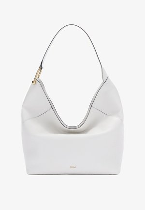 Borsa a tracolla in pelle bianca dalla forma morbida, con tracolla singola bordata di nero e dettaglio in metallo dorato su un lato.