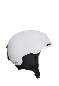 Witte skihlem met zwarte gevoerde oorkappen en een verstelbare kinband, van opzij weergegeven op een witte achtergrond.