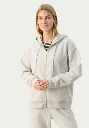 Gray zip-up hoodie with drawstrings, a front pocket, and ribbed cuffs. Worn over a black and white striped shirt. Soft, fleece-like fabric.