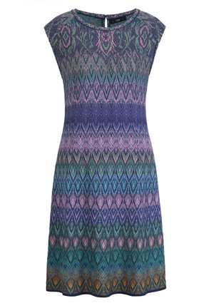 Abito a maniche corte con scollatura rotonda, caratterizzato da un motivo a diamante multicolore in tonalità di verde, blu, viola e rosa.