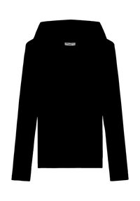 Czarna bluza z kapturem z długim rękawem, wyposażona w kieszeń kangurkę, szeroki dekolt oraz miękką teksturę materiału. Prosty, minimalistyczny design bez wzorów.