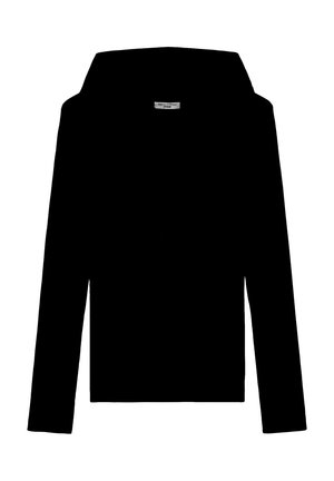 Black long-sleeve hoodie featuring a kangaroo pocket, wide neckline, and soft fabric texture. Simple, minimal design without patterns.