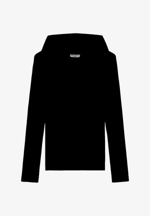 Black long-sleeve hoodie featuring a kangaroo pocket, wide neckline, and soft fabric texture. Simple, minimal design without patterns.