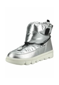 Botte isolante argentée avec un dessus rembourré, un poignet élastique et un cordon de serrage noir. Dotée d'une semelle en caoutchouc blanche et d'un accent de logo.