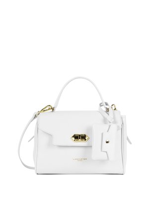 Borsa Lancaster Paris bianca con manico superiore, chiusura a girello dorata, tracolla removibile e pochette più piccola con bottone automatico attaccata.
