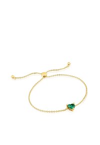 Bracciale in oro con design torcicollo, dotato di una montatura a forma di cuore con pietra verde e chiusura scorrevole regolabile.