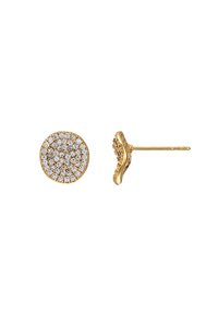 Boucles d'oreilles en métal doré avec un design circulaire, rehaussées de multiples petites pierres claires serties dans un contour texturé.