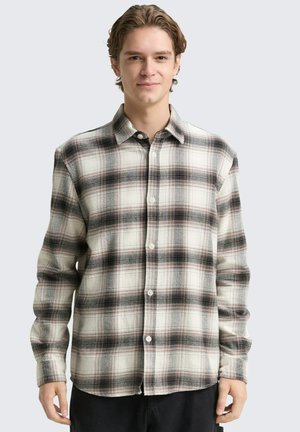 Camicia di flanella a quadri nei toni crema, nero e rosso; design con bottoni; maniche lunghe; texture morbida; orlo curvo in vita.