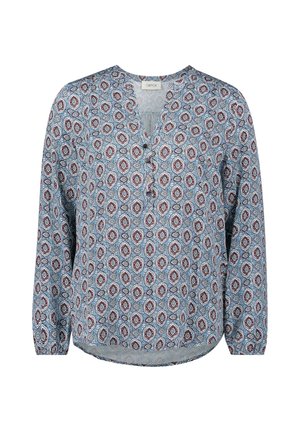 Lightweight, long-sleeve blouse in pale blue with a floral pattern in red and navy. Features a V-neckline and three button accents.