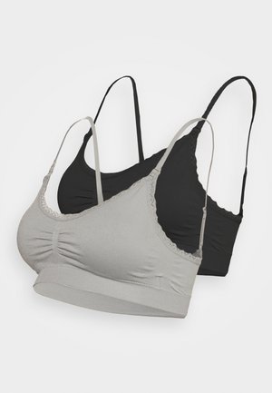 Two wireless bras: one gray and one black. They feature lace trim, a smooth texture, soft fabric, and adjustable straps for comfort.