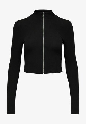 Schwarze gerippte, kurz geschnittene Jacke mit langen Ärmeln und hohem Kragen. Verfügt über einen Reißverschluss auf der Vorderseite und eine taillierte Silhouette.