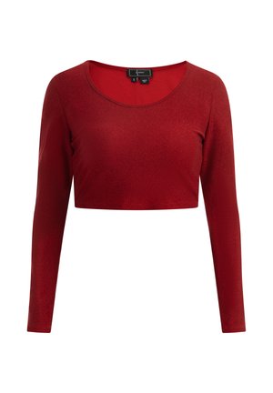 Raudona, ilgomis rankovėmis trumpoji palaidinė su apvaliu iškirpimu, pagaminta iš lygaus, šiek tiek blizgaus audinio. Etiketėje nurodyta dydis S.