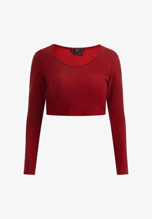 Rotes, langärmeliges Crop-Top mit rundem Ausschnitt, gefertigt aus einem glatten, leicht glänzenden Stoff. Das Etikett zeigt Größe S an.