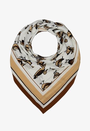 Foulard carré avec des bordures beige, marron et blanches, décoré d'illustrations stylisées d'oiseaux marron et noirs sur fond blanc.