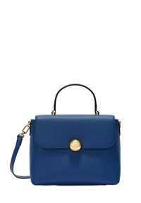 Borsa in pelle blu con manico superiore, tracolla rimovibile e chiusura circolare dorata sulla patta anteriore.