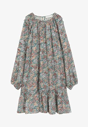 Robe à manches longues florale avec épaules et ourlet volantés, arborant un motif multicolore de petites fleurs et feuilles sur un fond clair.