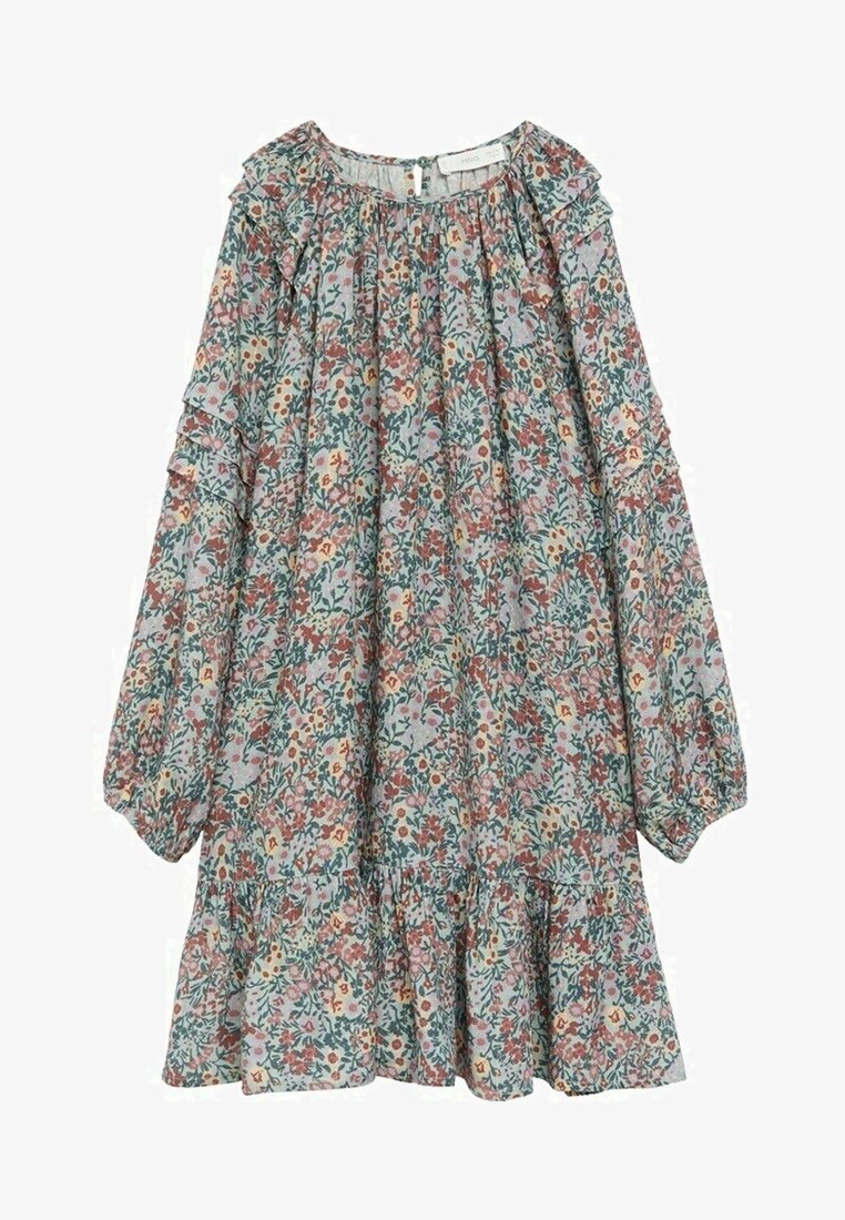 Robe à manches longues florale avec épaules et ourlet volantés, arborant un motif multicolore de petites fleurs et feuilles sur un fond clair.