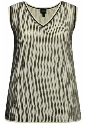 Top senza maniche con scollatura a V, realizzato in tessuto leggero. Presenta una base crema con linee ondulate nere verticali su tutta la superficie. Orlo semplice.