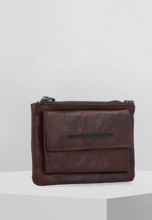 Brown leather wallet with a zip closure and a front pocket. Features embossed logo and a soft, textured finish. Compact design.