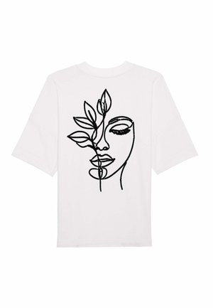 T-shirt blanc avec un dessin en ligne continue noir représentant le visage d'une femme partiellement couvert par une branche feuillue.