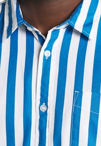 Blauw-wit gestreept shirt met een button-down kraag, een borstzak en zachte katoenen stof met een frisse textuur.