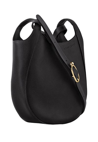 Black leather bucket bag with a textured finish, curved body, dual handles, and a gold-tone hardware accent on the strap.