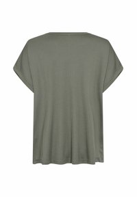Olivengrøn, kortærmet ribbet T-shirt med løs pasform, rund hals og lige kant. Tekstureret stof. Ingen synlige logos eller designs.