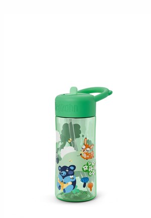 Clear plastic water bottle with a bright green lid, featuring cartoon animals: a blue bear and orange rabbit among green foliage decorations.
