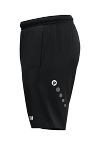 Zwarte sportshorts met een elastische tailleband, zijzakken en reflecterende stippenpatronen aan de onderzijde aan de linkerkant.