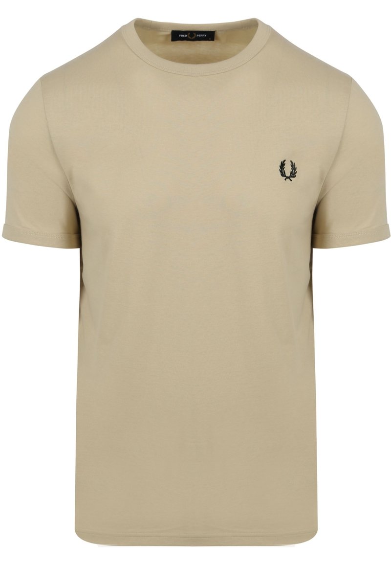 Camiseta de algodón beige con cuello redondo, mangas cortas y un pequeño logo negro en el lado izquierdo del pecho. Textura suave, ajuste casual.