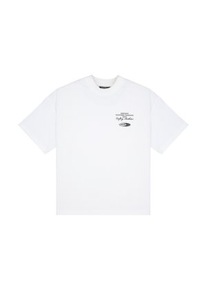Vit bomulls t-shirt med korta ärmar, avslappnad passform. Har svart tryckt text på framsidan och rund halsringning.