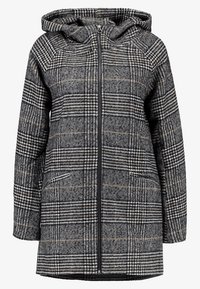 Abrigo de cuadros gris y negro, con capucha, cremallera frontal y bolsillos laterales, diseñado para el clima frío.