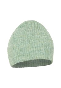 Světle zelená pletená čepice s žebrovaným vzorem a ohrnutým lemem, vyrobená z měkké texturované příze.